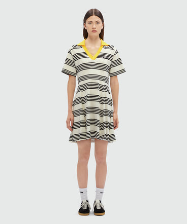 Polo dress in jersey with a black and white two-tone striped print