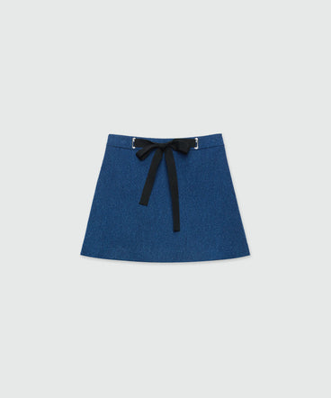 Gonna corta svasata in denim tweed bouclè