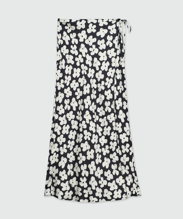 Gonna midi fluida in satin stampa "Puffy flowers"