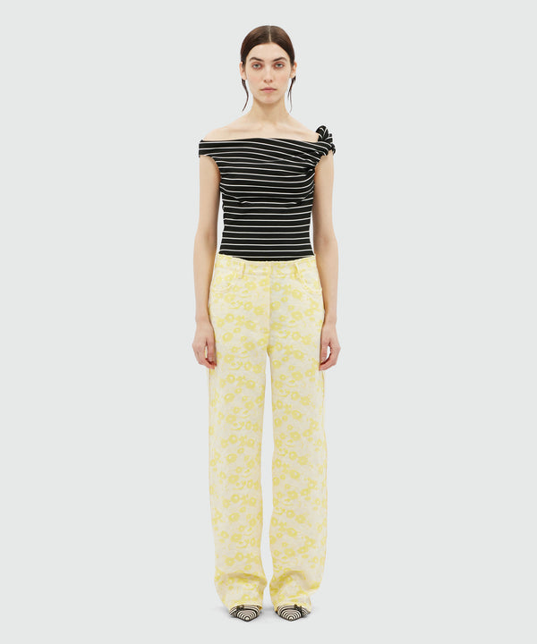 Pants with jacquard floral pattern