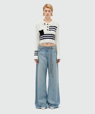 Wide leg trousers in light blue washed denim