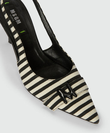 Slingback in black and white striped canvas