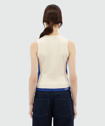 White and blue color-block patterned knit top
