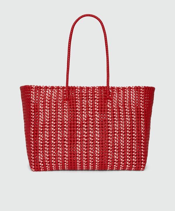 Woven tote bag with red nappa clutch bag