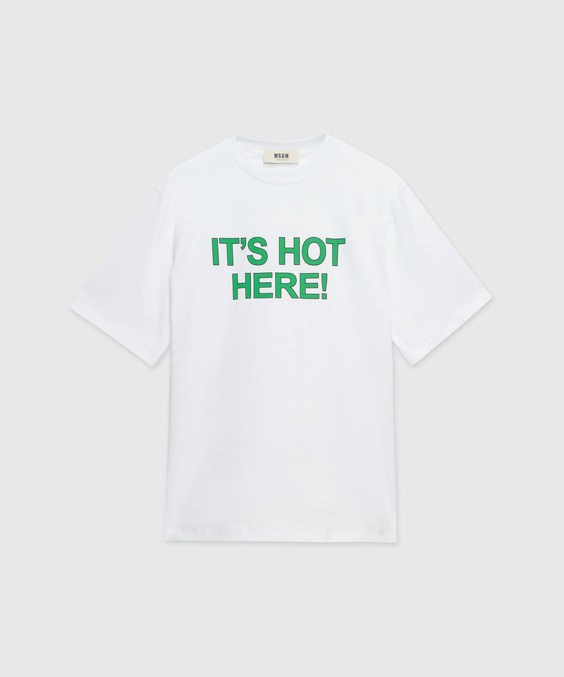 White organic cotton T-Shirt with quotes "IT'S HOT HERE!" WHITE Unisex 