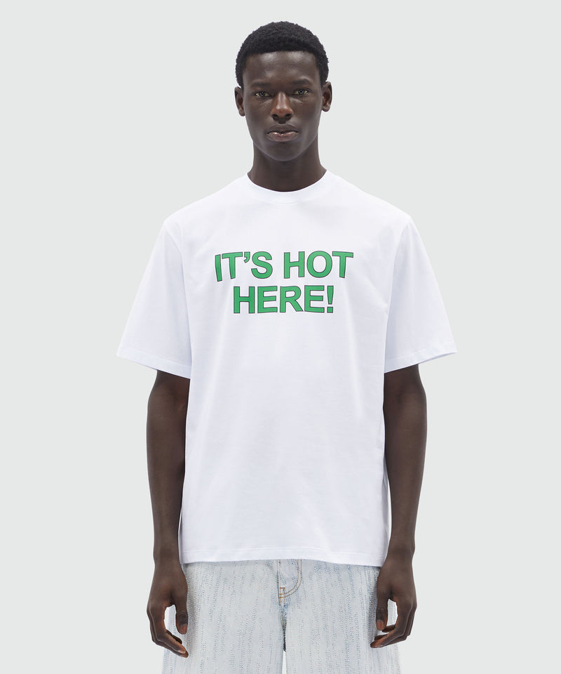 White organic cotton T-Shirt with quotes "IT'S HOT HERE!" WHITE Unisex 