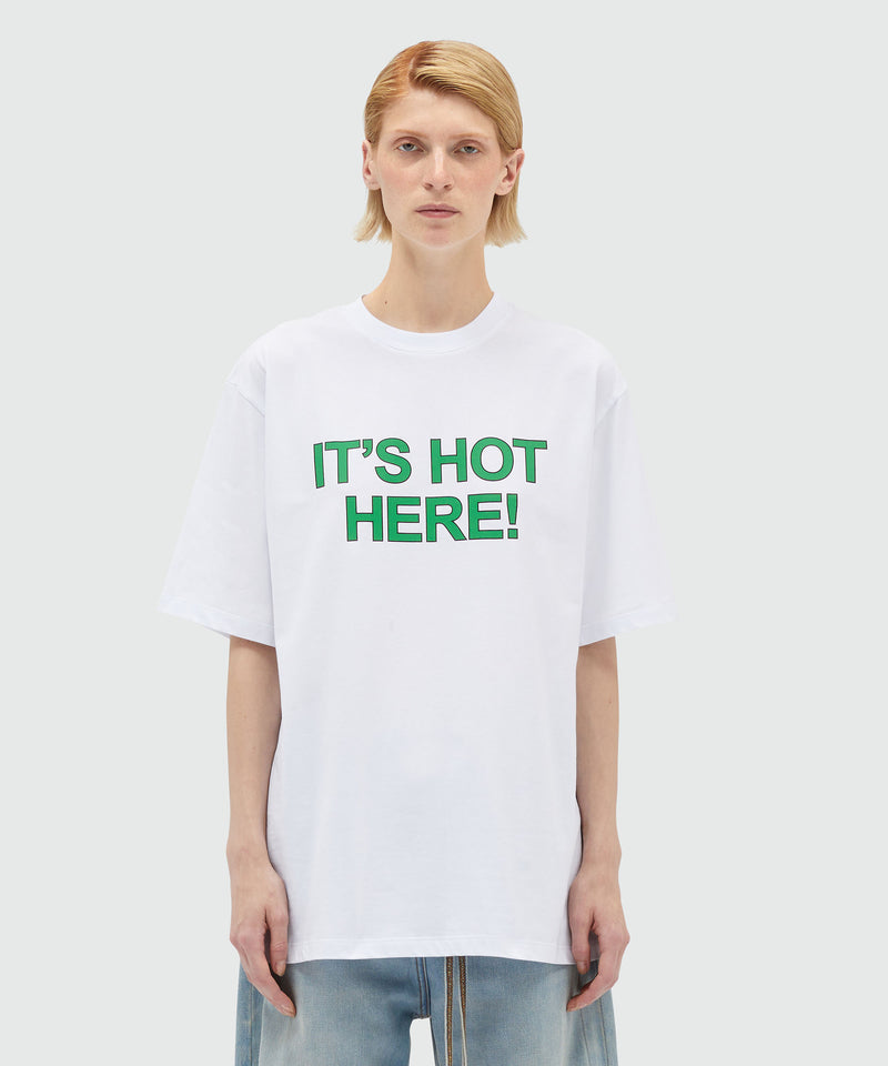 White organic cotton T-Shirt with quotes "IT'S HOT HERE!" WHITE Unisex 
