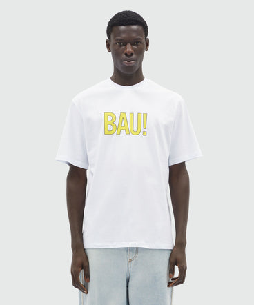 T-Shirt in cotone organico bianco e quote "BAU!"
