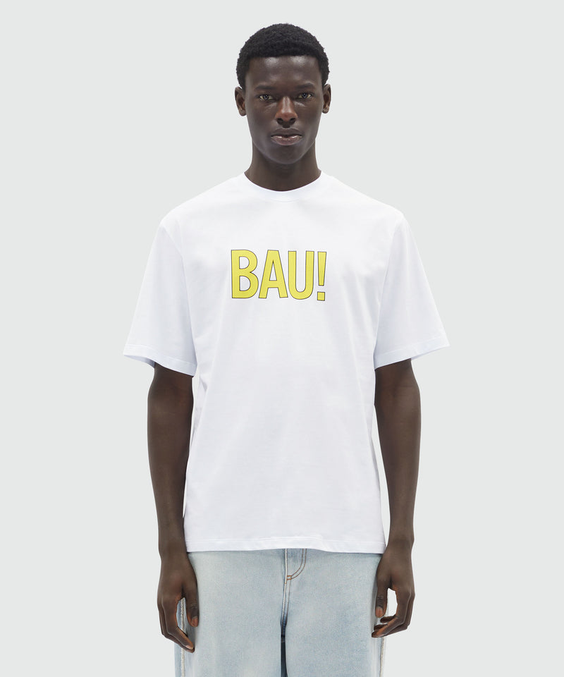 T-Shirt in cotone organico bianco e quote "BAU!" BIANCO Unisex 