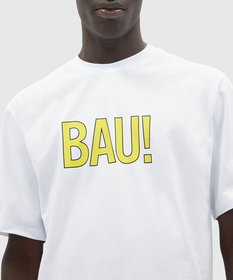 T-Shirt in cotone organico bianco e quote "BAU!" BIANCO Unisex 