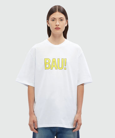 T-Shirt in cotone organico bianco e quote "BAU!"