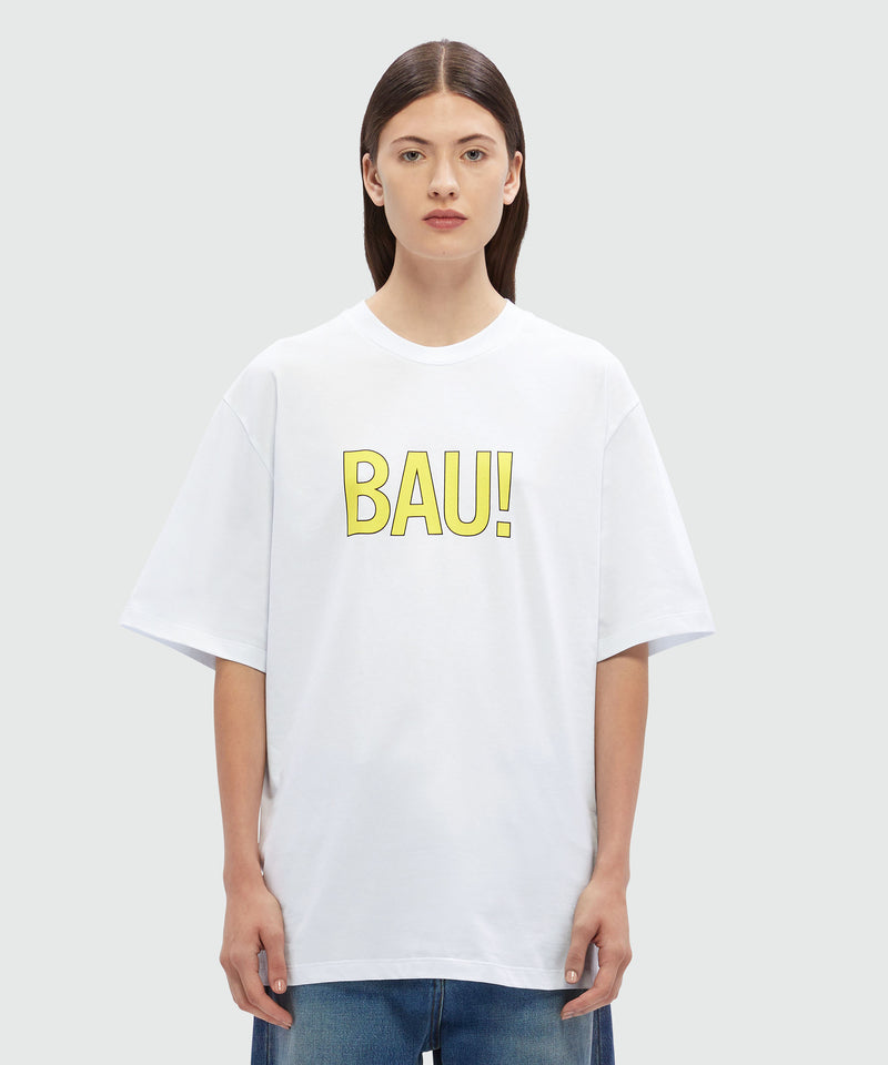 T-Shirt in cotone organico bianco e quote "BAU!" BIANCO Unisex 