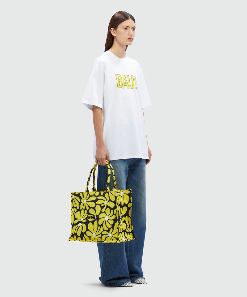 T-Shirt in cotone organico bianco e quote "BAU!" BIANCO Unisex 
