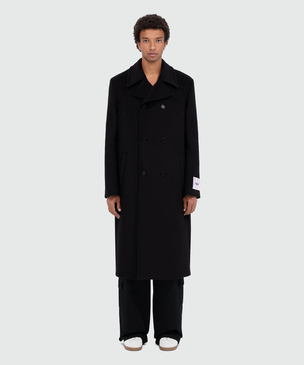 Black double-breasted wool coat