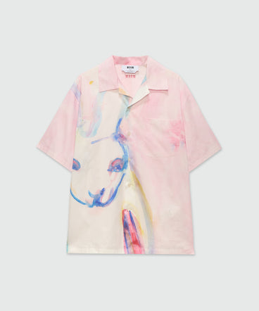 Pink poplin bowling shirt with "The White Rabbit" print
