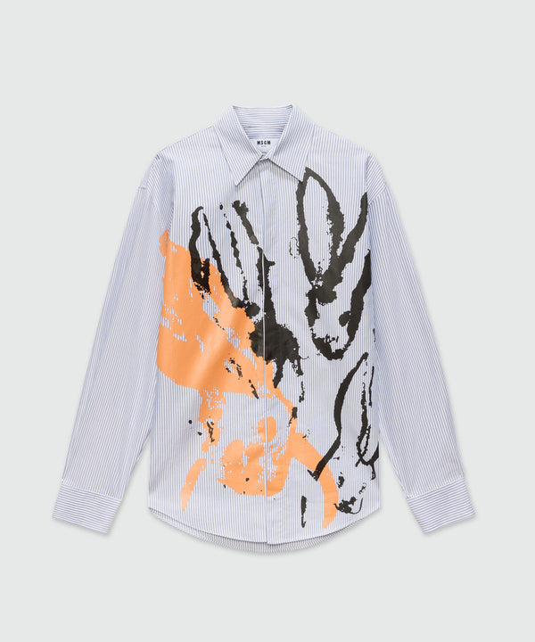 Light blue striped cotton oxford shirt with "Sketched Bunnies" print