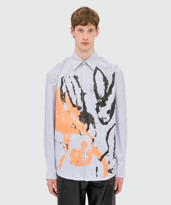 Light blue striped cotton oxford shirt with "Sketched Bunnies" print
