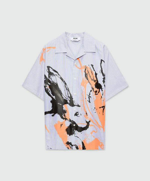 Blue Oxford striped bowling shirt with "Sketched Bunnies" print