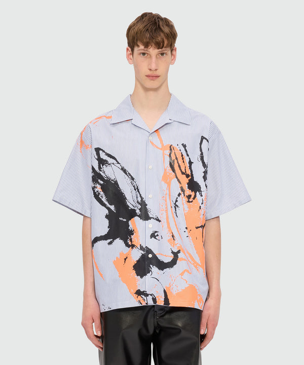 Blue Oxford striped bowling shirt with "Sketched Bunnies" print