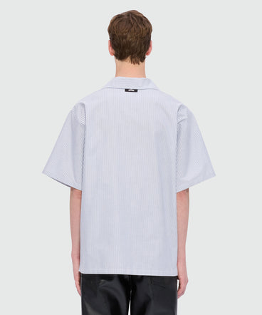 Blue Oxford striped bowling shirt with "Sketched Bunnies" print