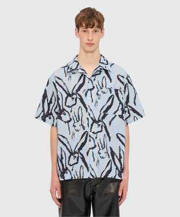 Light blue striped poplin bowling shirt with "Sketched Bunnies" print