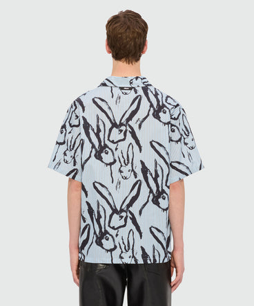 Light blue striped poplin bowling shirt with "Sketched Bunnies" print