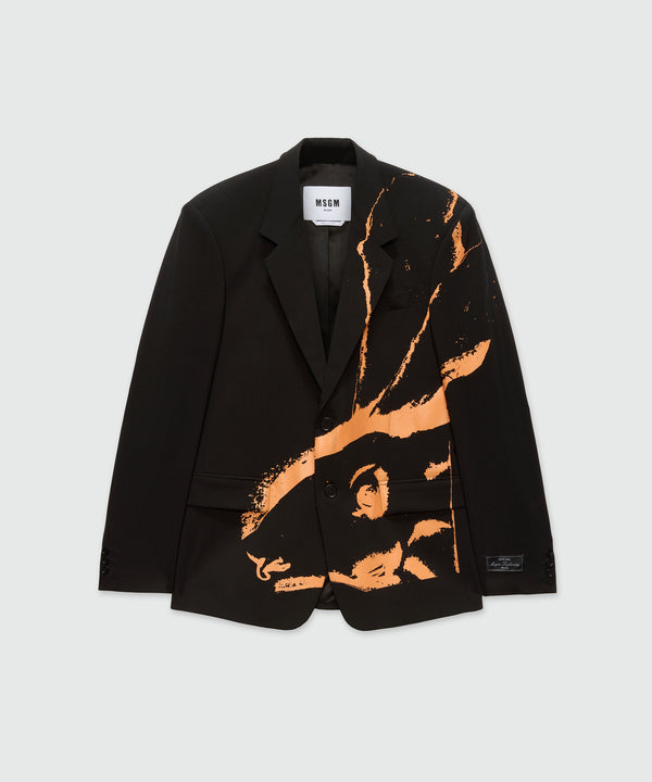 Black single-breasted jacket in cool wool with "Sketched Bunnies" print