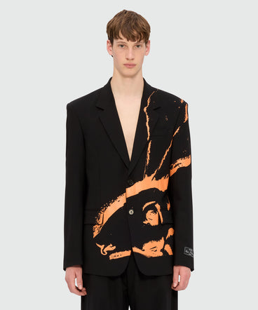 Black single-breasted jacket in cool wool with "Sketched Bunnies" print