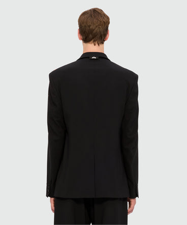 Black single-breasted jacket in cool wool with "Sketched Bunnies" print