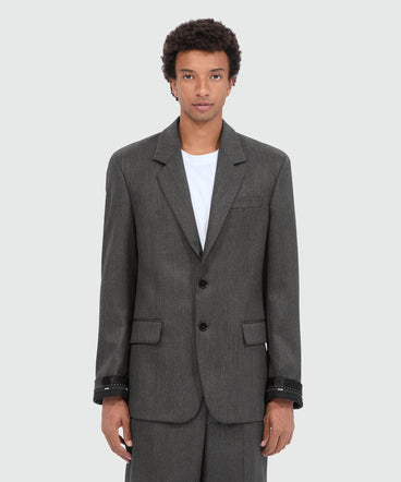 Single-breasted anthracite jacket in cool wool with logo tape