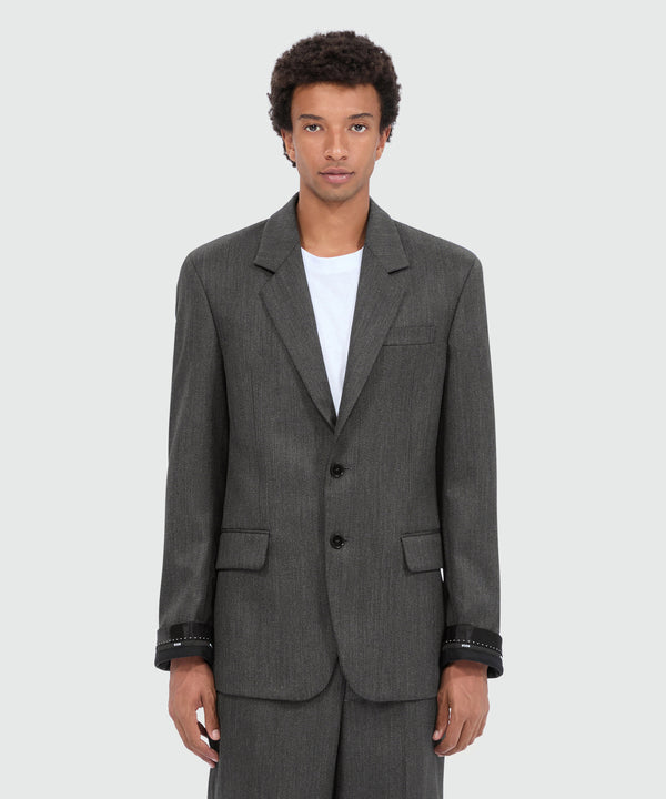 Single-breasted anthracite jacket in cool wool with logo tape