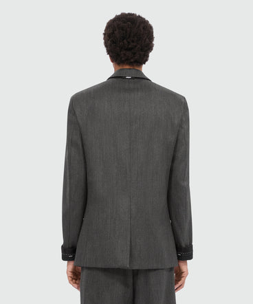 Single-breasted anthracite jacket in cool wool with logo tape