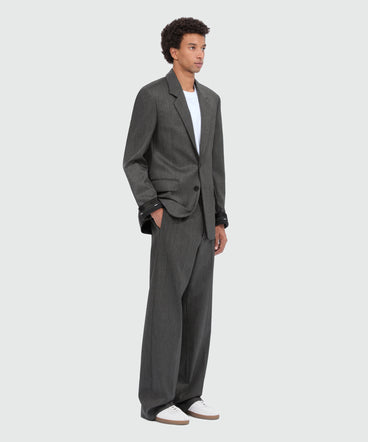 Single-breasted anthracite jacket in cool wool with logo tape