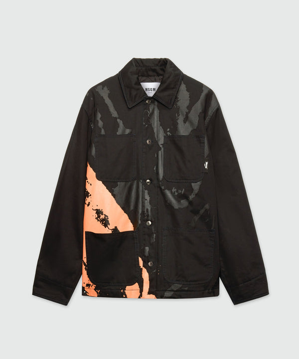 Black cotton drill overshirt with "Sketched Bunnies" print