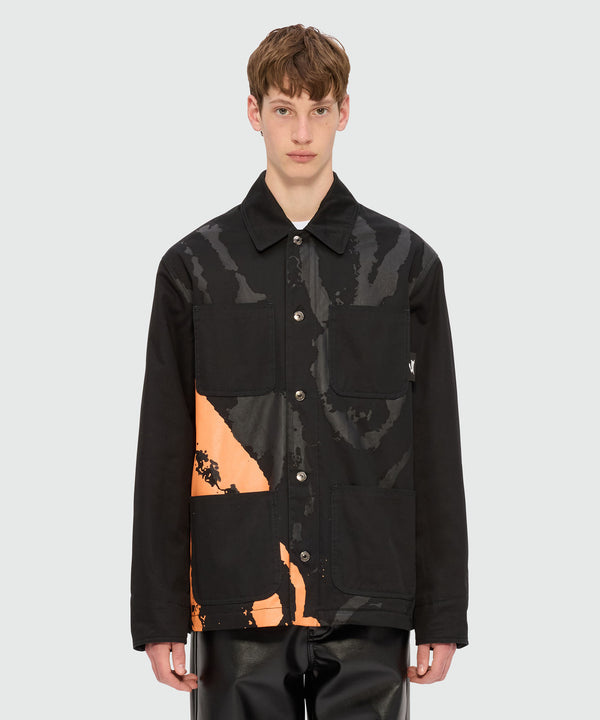 Black cotton drill overshirt with "Sketched Bunnies" print
