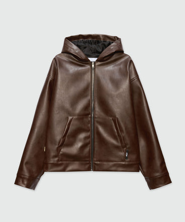 Brown textured faux leather hooded jacket
