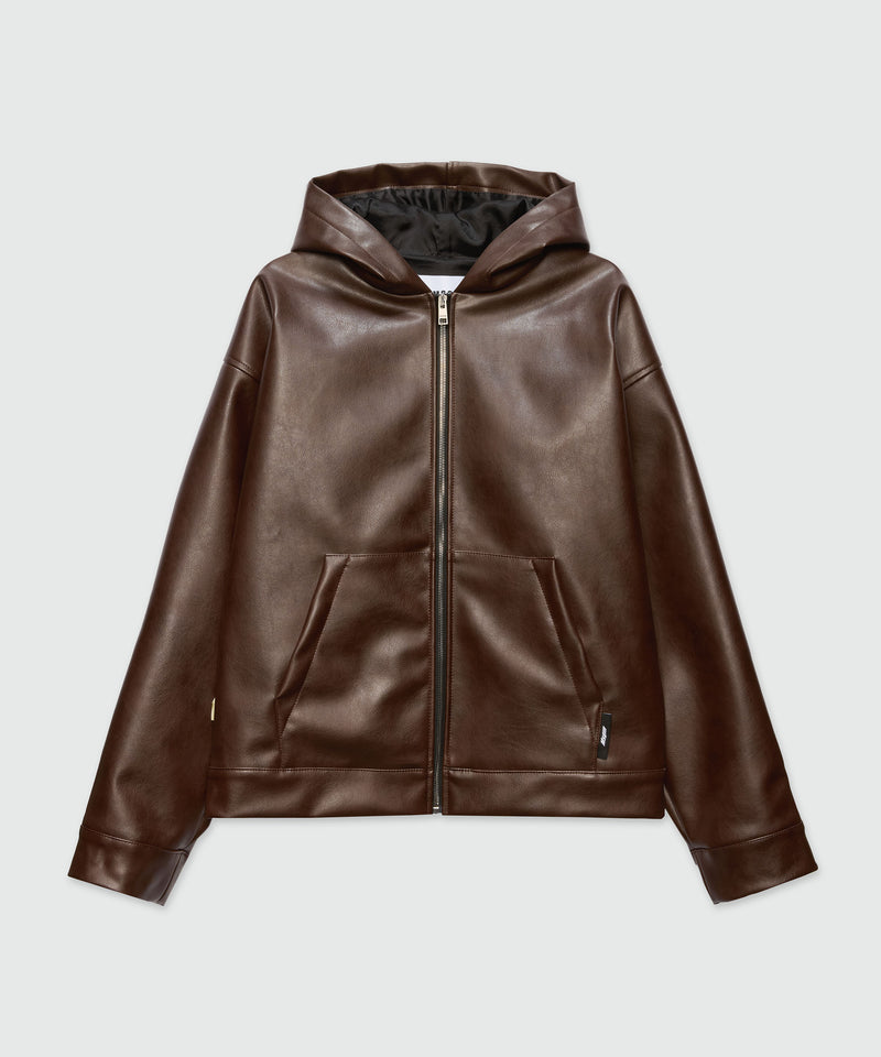 Brown textured faux leather hooded jacket 30 Men 