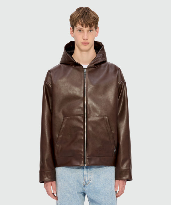 Brown textured faux leather hooded jacket