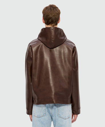 Brown textured faux leather hooded jacket