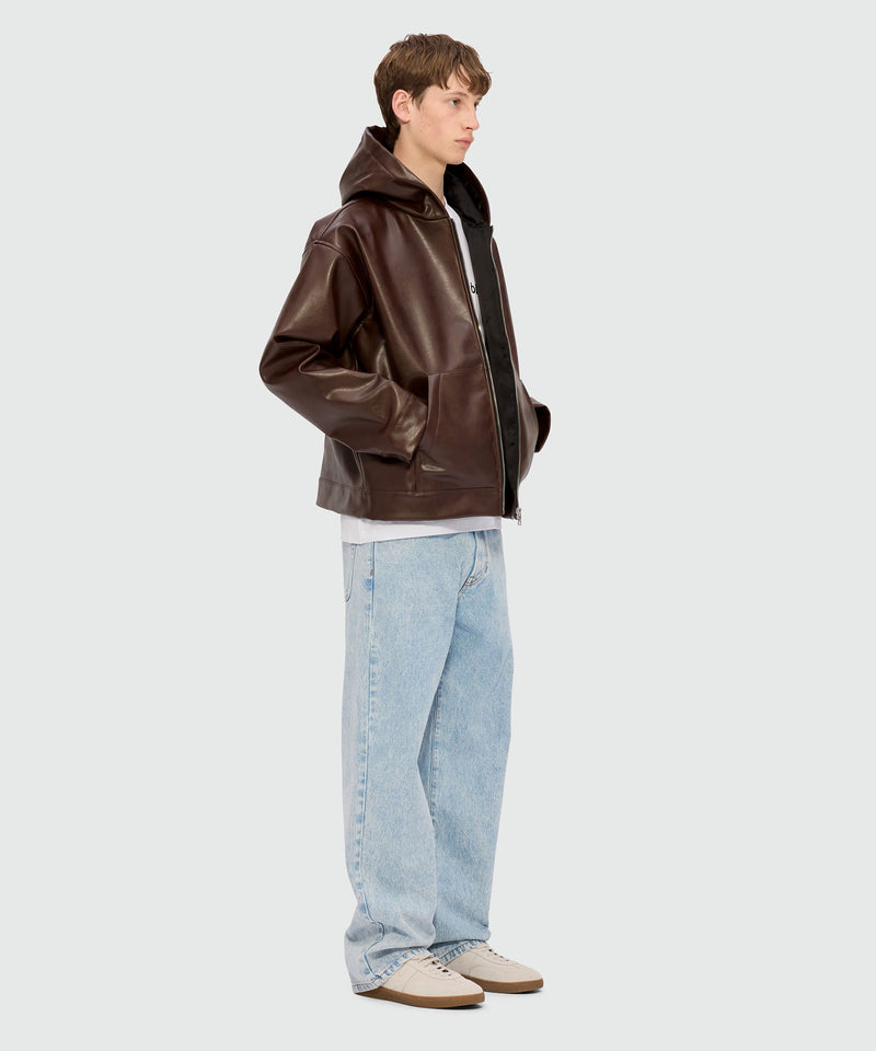 Brown textured faux leather hooded jacket 30 Men 