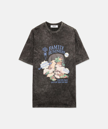 T-shirt nera in jersey effetto marmorizzato e stampa "Family business"