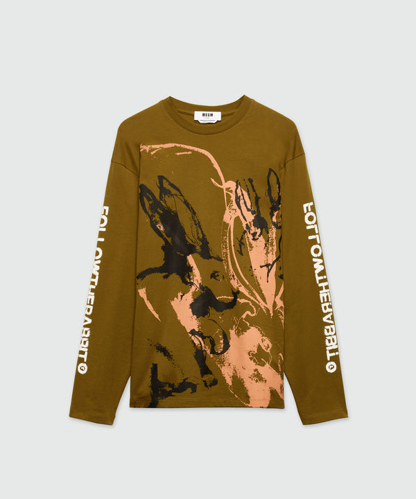 T-shirt verde oliva in jersey e stampa "Sketched bunnies"