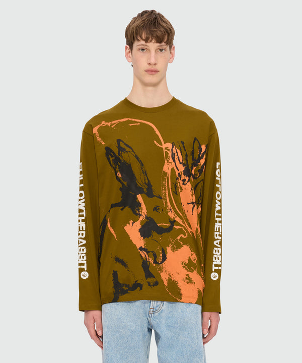 T-shirt verde oliva in jersey e stampa "Sketched bunnies"