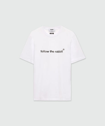 T-shirt bianca in jersey con quote "Follow the rabbit®"