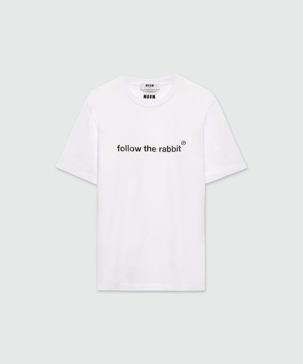 T-shirt bianca in jersey con quote "Follow the rabbit®"