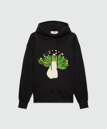 Black jersey hoodie with "I Love Mushrooms" patch and quote