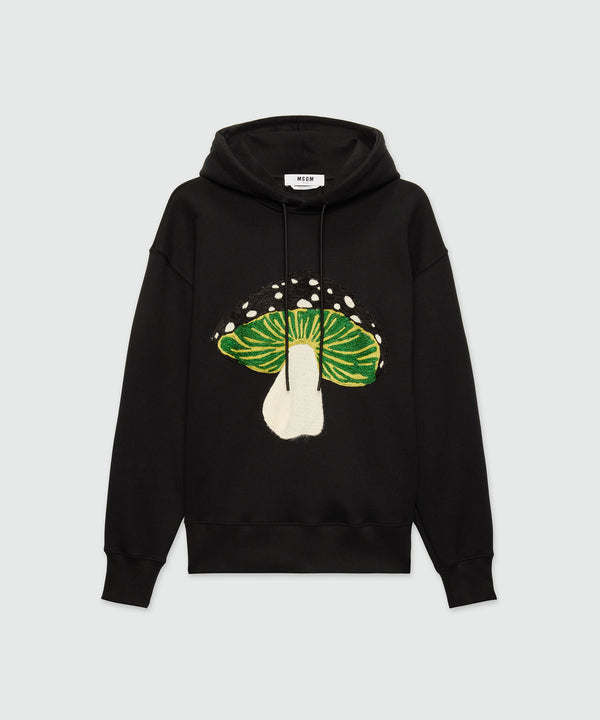 Black jersey hoodie with "I Love Mushrooms" patch and quote