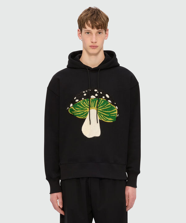 Black jersey hoodie with "I Love Mushrooms" patch and quote