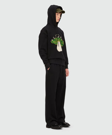 Black jersey hoodie with "I Love Mushrooms" patch and quote