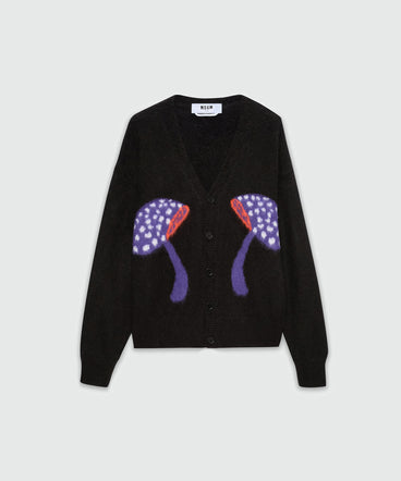 Cardigan nero in mohair spazzolato con motivo jacquard "Fantastic mushroom"